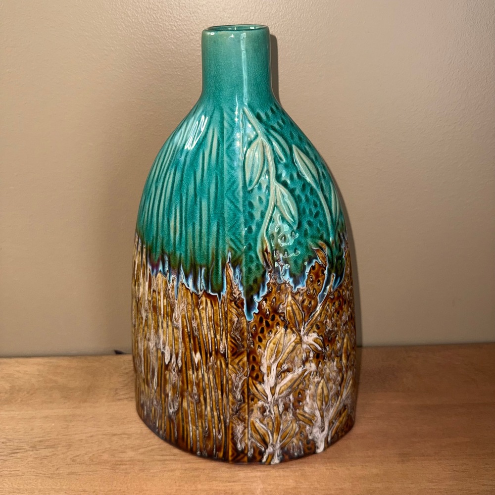 Teal and Brown Textured Ceramic Vase 12.5 Inch Tall Flat Oval Bottle Shape